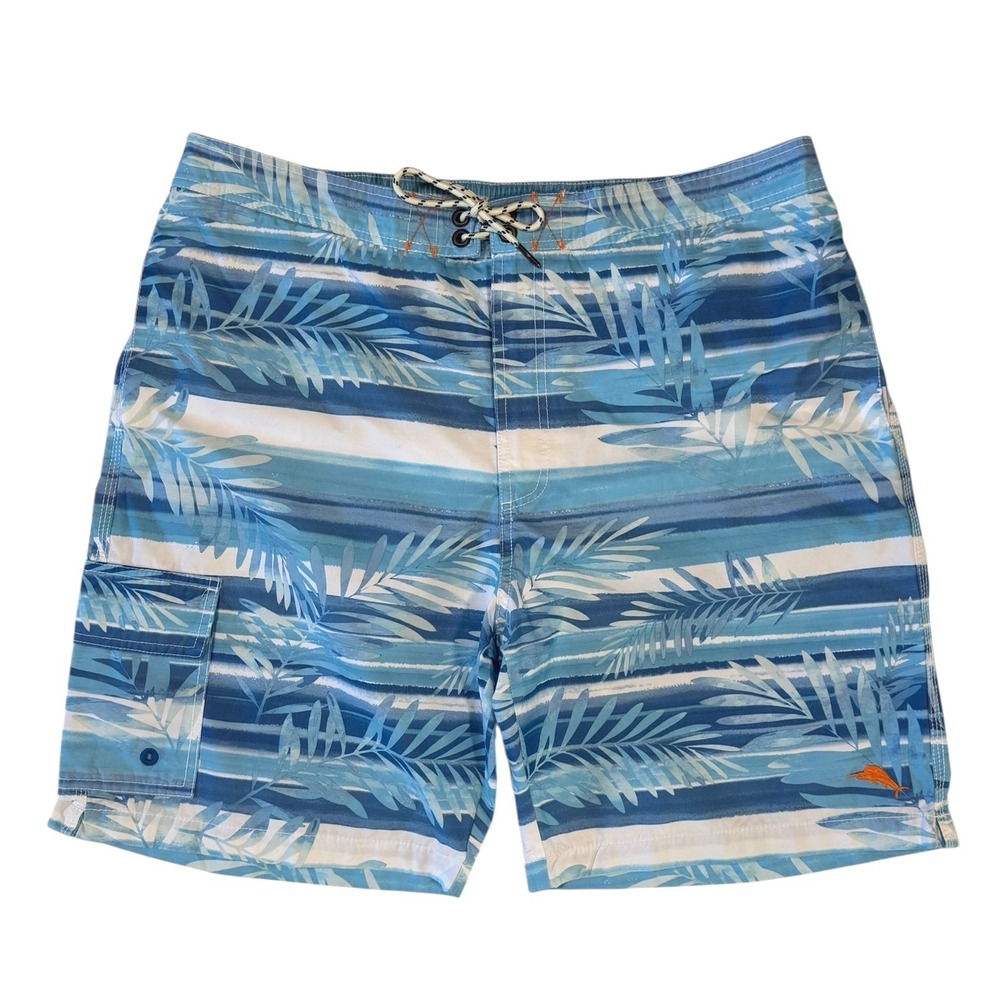 Tommy Bahama Relax Mens XL Blue Tropical Palm‎ Striped Swim Trunks Board Shorts